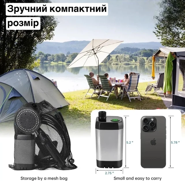 Мобильный душ MaxFlow 9000 mAh с насосом 8 л/мин, лейкой на 3 режима и системой старт-стоп для кемпинга, дачи, походов, путешествий - изображение 8