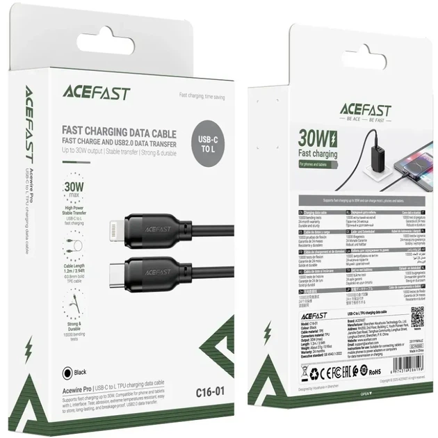 Кабель Acefast C16-01 USB 2.0 Type-C M to Lightning M 1.2м TPU Black (6974316286196) - Фото 4 Кабель Acefast C16-01 USB 2.0 Type-C M to Lightning M 1.2м TPU Black (6974316286196) - изображение 4