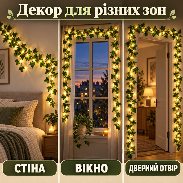 Штучний плющ гірлянда з LED-підсвічуванням 2 м, декоративне листя з теплим білим світлом, світлодіодна гірлянда на батарейках для кімнати, стін, фотозони та декору - Фото 3 Штучний плющ гірлянда з LED-підсвічуванням 2 м, декоративне листя з теплим білим світлом, світлодіодна гірлянда на батарейках для кімнати, стін, фотозони та декору - зображення 3