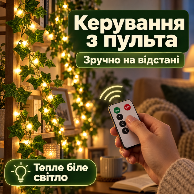 Штучний плющ гірлянда з LED-підсвічуванням 2 м, декоративне листя з теплим білим світлом, світлодіодна гірлянда на батарейках для кімнати, стін, фотозони та декору - Фото 8 Штучний плющ гірлянда з LED-підсвічуванням 2 м, декоративне листя з теплим білим світлом, світлодіодна гірлянда на батарейках для кімнати, стін, фотозони та декору - зображення 8