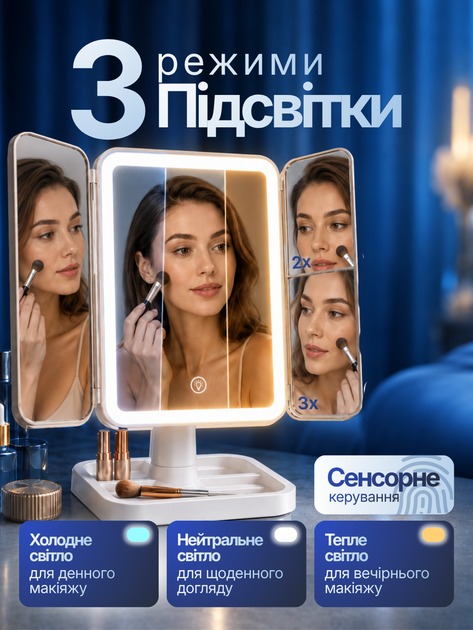 Зеркало для макияжа с лед подсветкой тройное настольное аккумуляторное косметическое на подставке дзеркало с увеличением зарядкой подсветкой led на стол увеличительное зеркальце для мейкапа макияжное светодиодное расчески в комплекте ТБ3300 Hechpro - Фото 4 Зеркало для макияжа с лед подсветкой тройное настольное аккумуляторное косметическое на подставке дзеркало с увеличением зарядкой подсветкой led на стол увеличительное зеркальце для мейкапа макияжное светодиодное расчески в комплекте ТБ3300 Hechpro - изображение 4