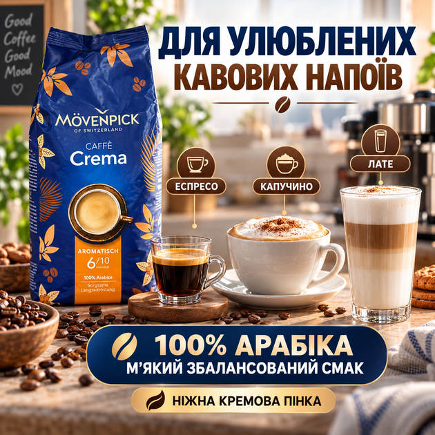Зернова кава Movenpick Caffe Crema 100% арабіка 1010 г кава середнього обсмажування м'яка з кремовою пінкою нотами какао фруктів шоколаду для кавомашини еспресо лате капучино - зображення 3
