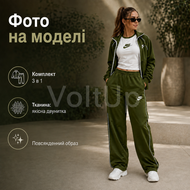 Спортивний костюм трійка Оливковий з двонитки люкс жіночий комплект кофта топ і штани, розмір 42-44 - зображення 5