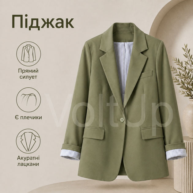 Жіночий Оливковий костюм на підкладці з костюмної тканини люкс піджак і штани, розмір 42-44 - зображення 3