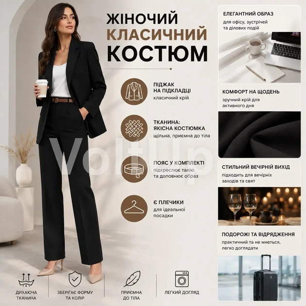 Жіночий Чорний костюм на підкладці з костюмної тканини люкс піджак і штани, розмір 52-54 - зображення 5