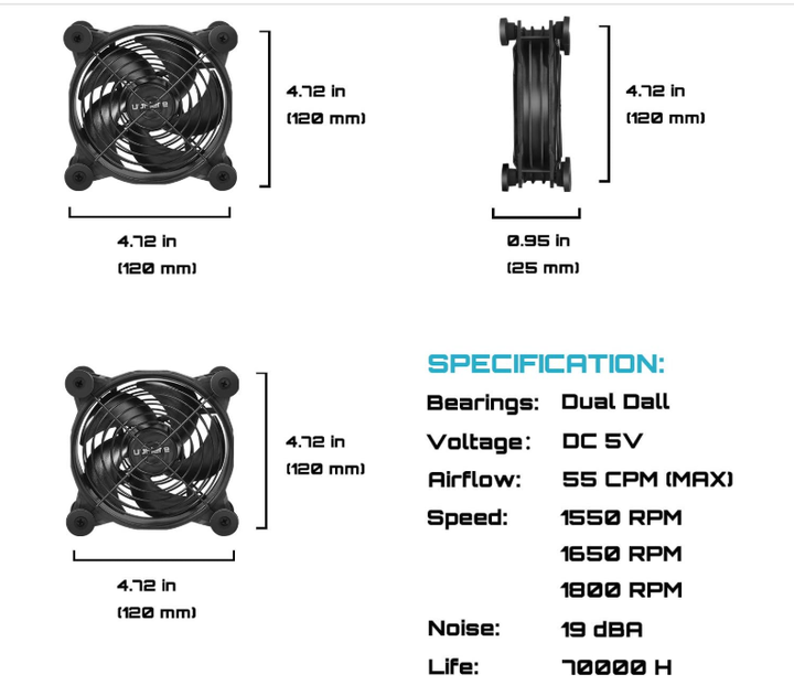 Вентилятор upHere U1204 120 мм USB 5V, тихий кулер для охлаждения ПК, Xbox, PlayStation и TV Box, 3 скорости - изображение 4