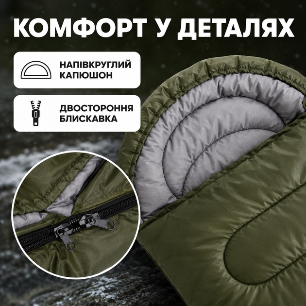 Зимовий спальний мішок-ковдра з USB-підігрівом 215×65 см до -30°C, водостійкий Oxford, подвійний холлофайбер 400 г/м², з капюшоном, олива - Фото 6 Зимовий спальний мішок-ковдра з USB-підігрівом 215×65 см до -30°C, водостійкий Oxford, подвійний холлофайбер 400 г/м², з капюшоном, олива - зображення 6