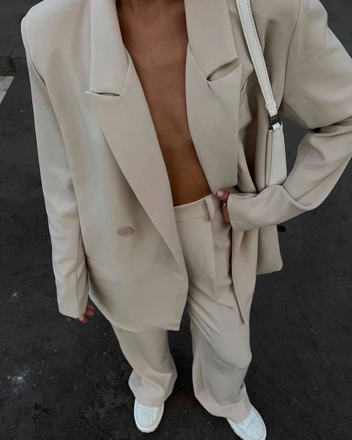 Жіночий костюм на підкладці (Штани + Піджак) / Бежевий S-М / BASED 0423620 - Фото 4 Жіночий костюм на підкладці (Штани + Піджак) / Бежевий S-М / BASED 0423620 - зображення 4