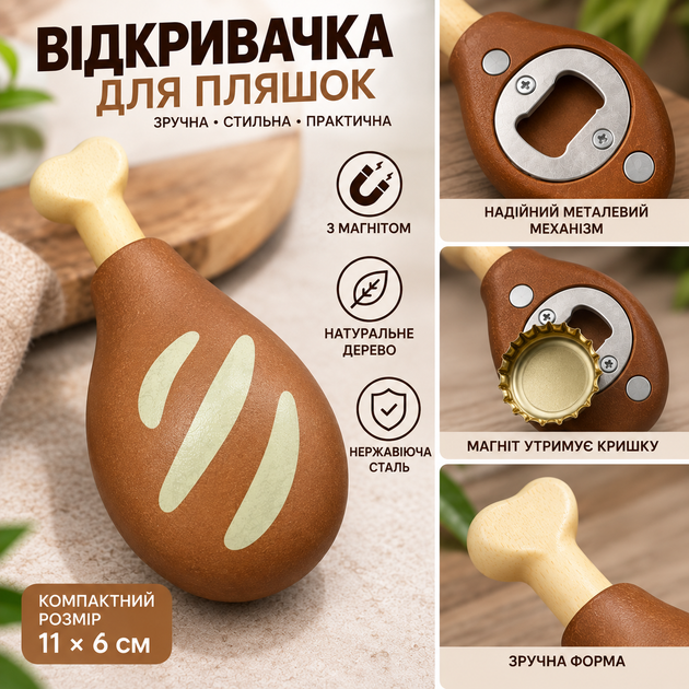 Открывалка для бутылок деревянная с магнитом Куриная ножка 11х6 см - изображение 2