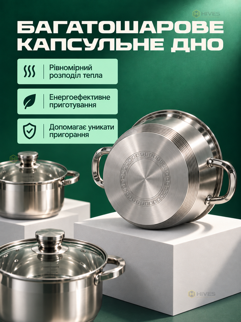 Набор кастрюль 12 предметов из нержавеющей стали 18/10, многослойное капсульное дно, стеклянные крышки с пароотводом, для индукционных плит, 6 кастрюль - Фото 2 Набор кастрюль 12 предметов из нержавеющей стали 18/10, многослойное капсульное дно, стеклянные крышки с пароотводом, для индукционных плит, 6 кастрюль - изображение 2