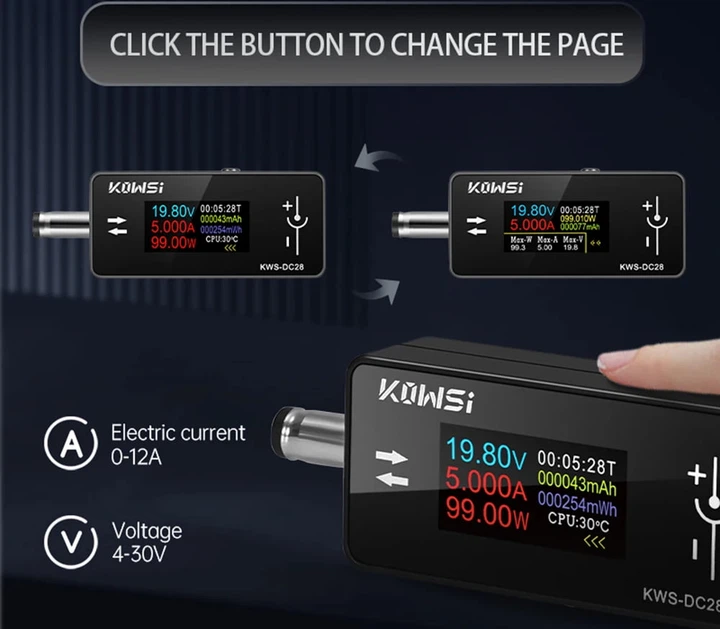 Цифровий тестер навантаження Kowsi KWS-DC28 4-30V 0-12A 360W TFT Display (5.5x2.5/2.1mm) Black (44927) - Фото 5 Цифровий тестер навантаження Kowsi KWS-DC28 4-30V 0-12A 360W TFT Display (5.5x2.5/2.1mm) Black (44927) - зображення 5