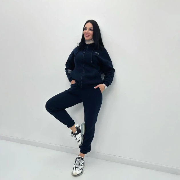 Жіночий утеплений спортивний костюм з нашивками на флісі темно-синій 46-48 - зображення 8