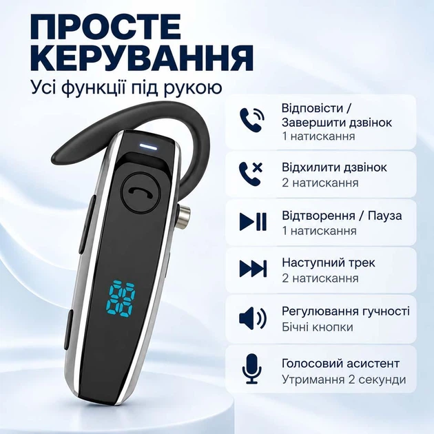 Бездротова блютуз гарнітура Q7 з мікрофоном, шумозаглушенням та дисплеєм заряду для телефону, Black - зображення 3