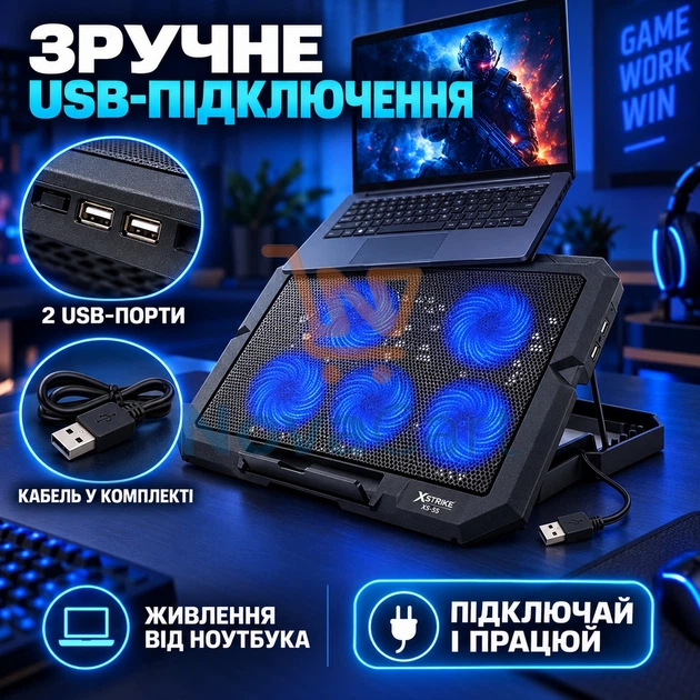 Охолоджувальна підставка для ноутбука 10–17 дюймів, підставка з 5 вентиляторами, регульована підставка з LED - зображення 4