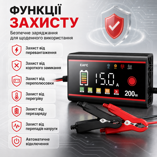 Автозарядка 12 вольт 15 ампер для АКБ зарядное устройство с вольтметром амперметром защитой - изображение 2