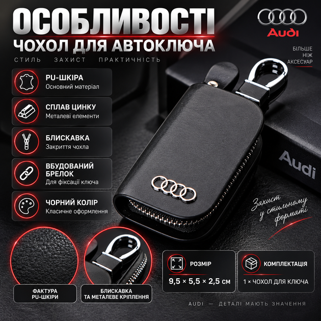 Ключница автомобильная для Audi A4 A5 Q3 A6 TT Q5 Q7 S6 S8 RS4 RS3 чёрная PU кожа защитный чехол ключей на молнии с брелоком металлической пряжкой футляр сумка 9.5х5.5х2.5 см - Фото 2 Ключница автомобильная для Audi A4 A5 Q3 A6 TT Q5 Q7 S6 S8 RS4 RS3 чёрная PU кожа защитный чехол ключей на молнии с брелоком металлической пряжкой футляр сумка 9.5х5.5х2.5 см - изображение 2