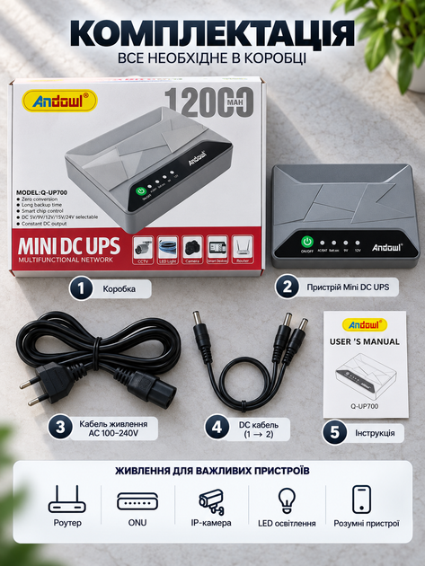 Бесперебойник для роутера Mini UPS Andowl Q-UP700 12000 mAh источник бесперебойного питания для модема WiFi ONU - изображение 3