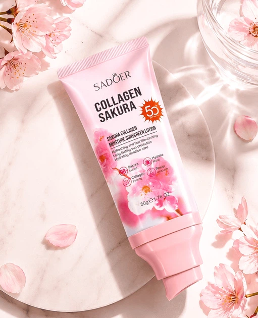 Солнцезащитный крем для лица с коллагеном и сакурой Sadoer Sakura Collagen Moisture Sunscreen Lotion SPF 50 PA+++ - изображение 2