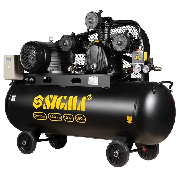 Компресор ремінний Sigma трициліндровий W-подібний 380 В 3.0 кВт 460 л/хв 10 бар 100 л - Фото 3 Компресор ремінний Sigma трициліндровий W-подібний 380 В 3.0 кВт 460 л/хв 10 бар 100 л - зображення 3