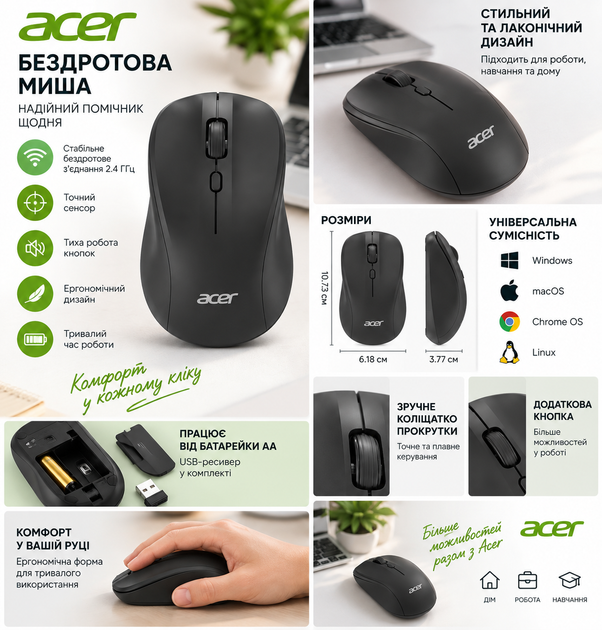 Бездротова миша Acer OMR345, 2.4 ГГц, USB-приймач, оптична, чорна - зображення 5