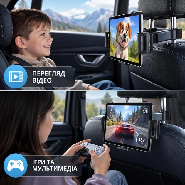 Автомобильный держатель для телефона и планшета 4,7–12,9″ на подголовник сиденья — вращение 360°, черный - изображение 7