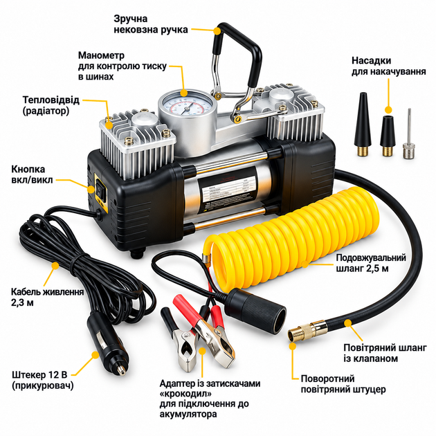Автомобільний двопоршневий компресор Air Compressor 628-4x4 150 Вт 12 В 85 л/хв з манометром і сумкою - изображение 8