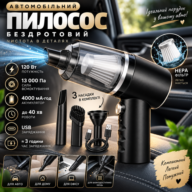 Автопилосос бездротовий AS-228 120Вт, від USB + 3 насадки для сухого прибирання міні автопилососи для салону автомобіля дому - Фото 3 Автопилосос бездротовий AS-228 120Вт, від USB + 3 насадки для сухого прибирання міні автопилососи для салону автомобіля дому - изображение 3