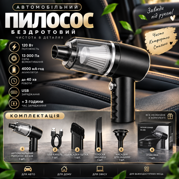 Автопилосос бездротовий AS-228 120Вт, від USB + 3 насадки для сухого прибирання міні автопилососи для салону автомобіля дому - Фото 4 Автопилосос бездротовий AS-228 120Вт, від USB + 3 насадки для сухого прибирання міні автопилососи для салону автомобіля дому - изображение 4
