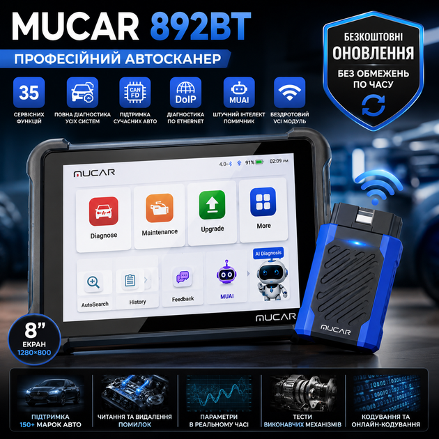 Автосканер Mucar 892BT (ШІ, всі системи, 35+ сервісних функцій, безстрокові оновлення, кодування, тести, CAN FD, DoIP) - изображение 2