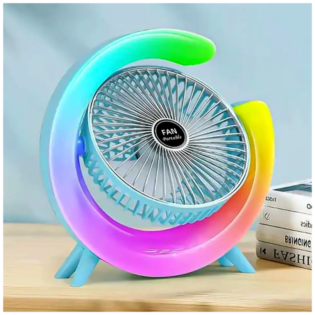 Мини настольный вентилятор USB аккумуляторный с 3 скоростями LED подсветка 24x24 см бирюзовый SQ-28483 - Фото 2 Мини настольный вентилятор USB аккумуляторный с 3 скоростями LED подсветка 24x24 см бирюзовый SQ-28483 - изображение 2