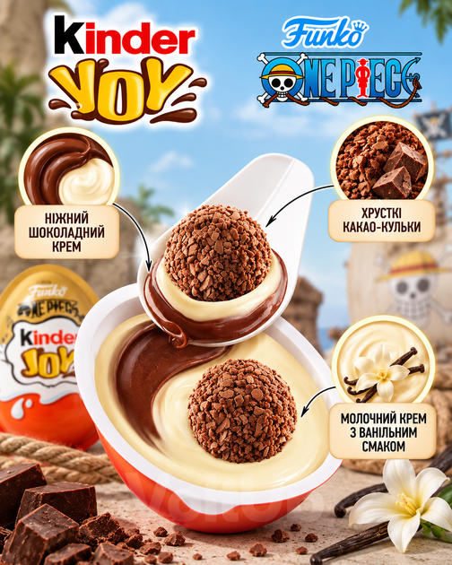 Шоколадные яйца Kinder Joy Funko One Piece 36 шт с молочным и какао-кремом, вафельными шариками и игрушкой-сюрпризом - изображение 2