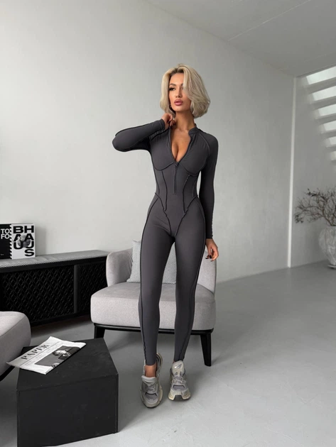 Спортивный женский комбинезон Pearl Premium с акцентными силуэтными швами и длинным рукавом Закрытая спина Без пуш-ап XS-S Графит (Pearl151_08S) - изображение 9