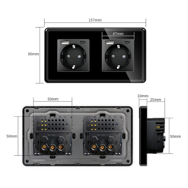 Стеклянная розетка с USB + Type-C 1DAL | Черный 2 гнезда (G157D-STUTCX2.BL) - изображение 6