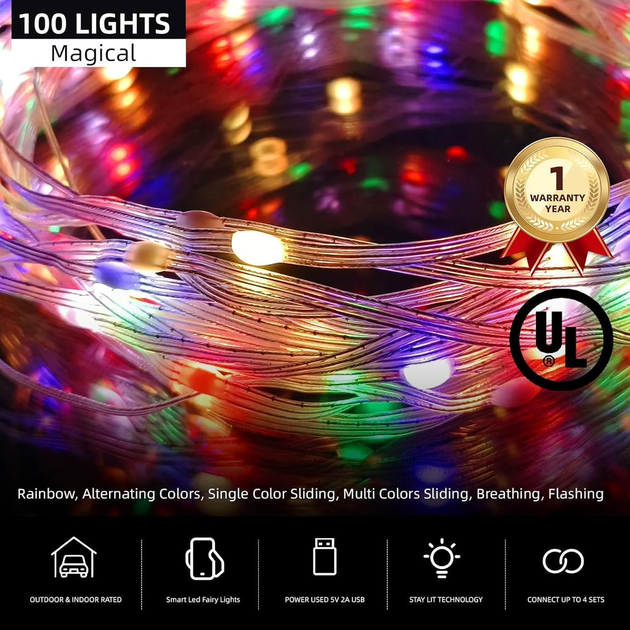 Умная RGB LED-гирлянда Oreunik 10 м 100 LED, Bluetooth, iDeal LED, синхронизация с музыкой, пульт, IP65, USB - изображение 3