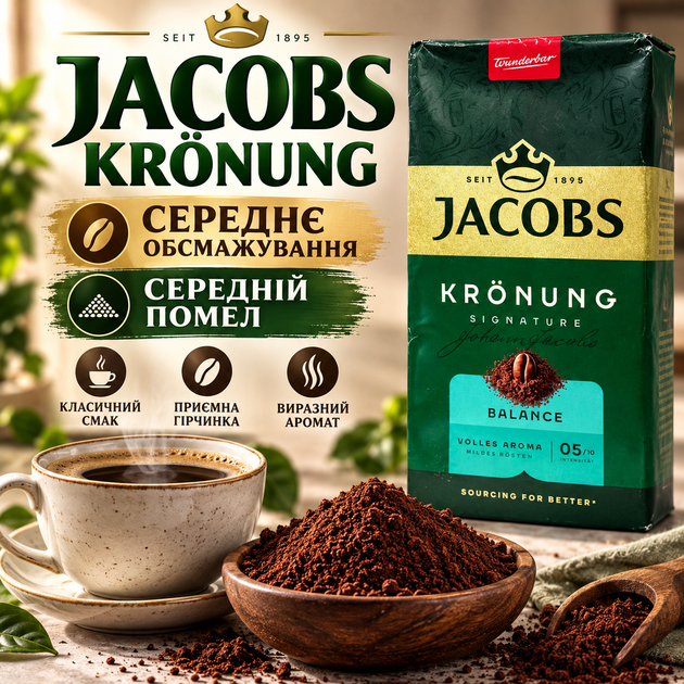 Кава мелена 515 г Jacobs Krönung арабіка середнього обсмажування натуральний кавовий напій середній помел насичений смак з гірчинкою ароматна кава для щоденного приготування - Фото 1 Кава мелена 515 г Jacobs Krönung арабіка середнього обсмажування натуральний кавовий напій середній помел насичений смак з гірчинкою ароматна кава для щоденного приготування - зображення 1