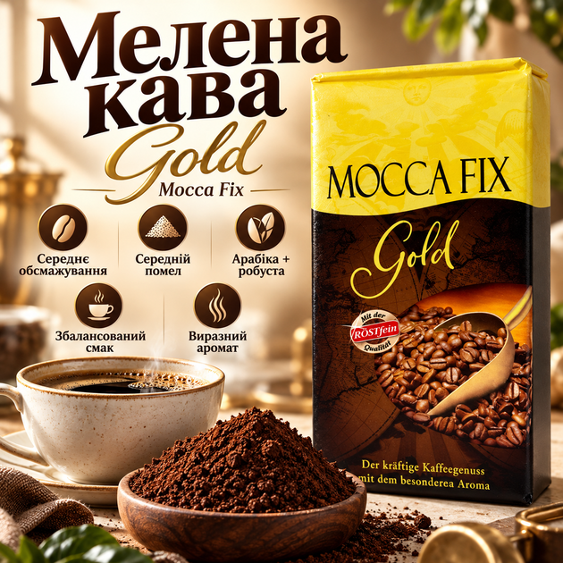 Кофе молотый 515 г Mocca Fix Gold арабика робуста средней обжарки натуральный купаж средний помол кофейный напиток сбалансированного вкуса с кофеином ароматный кофе для ежедневного приготовления - Фото 1 Кофе молотый 515 г Mocca Fix Gold арабика робуста средней обжарки натуральный купаж средний помол кофейный напиток сбалансированного вкуса с кофеином ароматный кофе для ежедневного приготовления - изображение 1