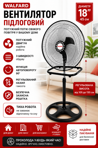 Напольный вентилятор WALFARD 18" (45 см) 3 скорости, регулировка высоты 105–130 см, поворот 90°, мощный напольный вентилятор - изображение 2