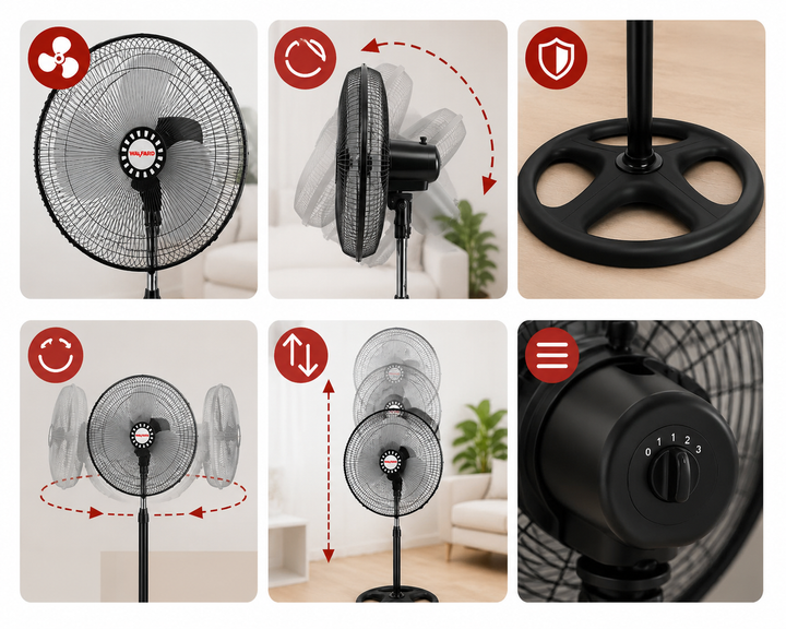 Напольный вентилятор WALFARD 18" (45 см) 3 скорости, регулировка высоты 105–130 см, поворот 90°, мощный напольный вентилятор - изображение 3