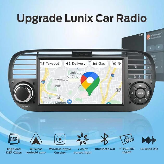 Автомагнитола Yeldhiza 2 DIN 7" для Fiat 500, CarPlay, Android Auto, Bluetooth, FM RDS DAB, сенсорный экран 2/32 ГБ - изображение 6