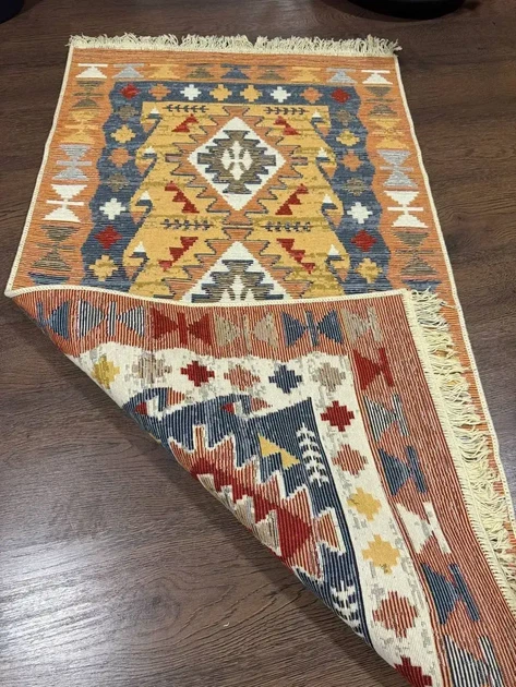 Двосторонній бавовняний килим 60x90 см з гуцульським візерунком оранжево-синій - зображення 4