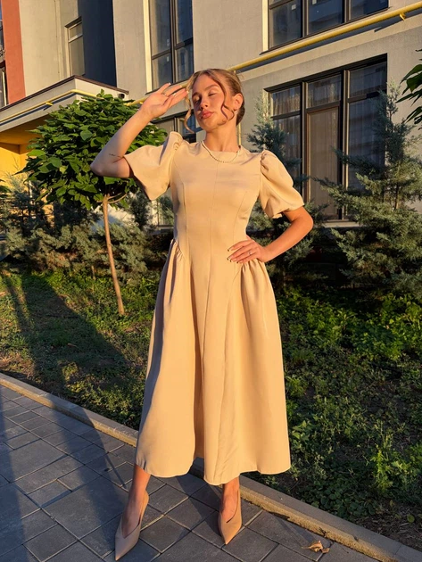 Сукня класична мiдi бежевого кольору 39432 42 - Фото 3 Сукня класична мiдi бежевого кольору 39432 42 - зображення 3