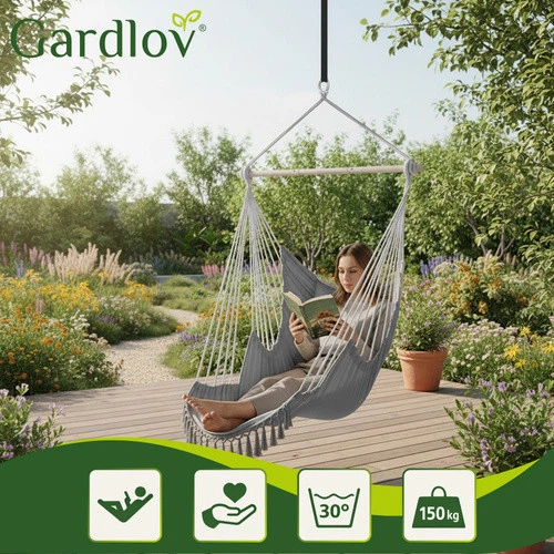 Подвесное кресло-гамак Gardlov 220x100x115 см из хлопка для сада и террасы с двумя подушками и металлической планкой Серое - изображение 5