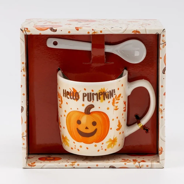 Кружка с ложечкой "Hello Pumpkin!", Принт тыквы 200 мл - Фото 1 Кружка с ложечкой "Hello Pumpkin!", Принт тыквы 200 мл - изображение 1