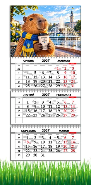 Календар настінний квартальний на 2027 рік на три пружини , Apriori, Капібара , Вінниця, Кава , 29,7х61см - Фото 1 Календар настінний квартальний на 2027 рік на три пружини , Apriori, Капібара , Вінниця, Кава , 29,7х61см - зображення 1