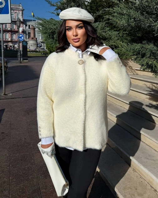 Еко шубка з альпаки, приталеного крою , на кнопках мод ВМКС - 8888, білий, 48-56 - изображение 7