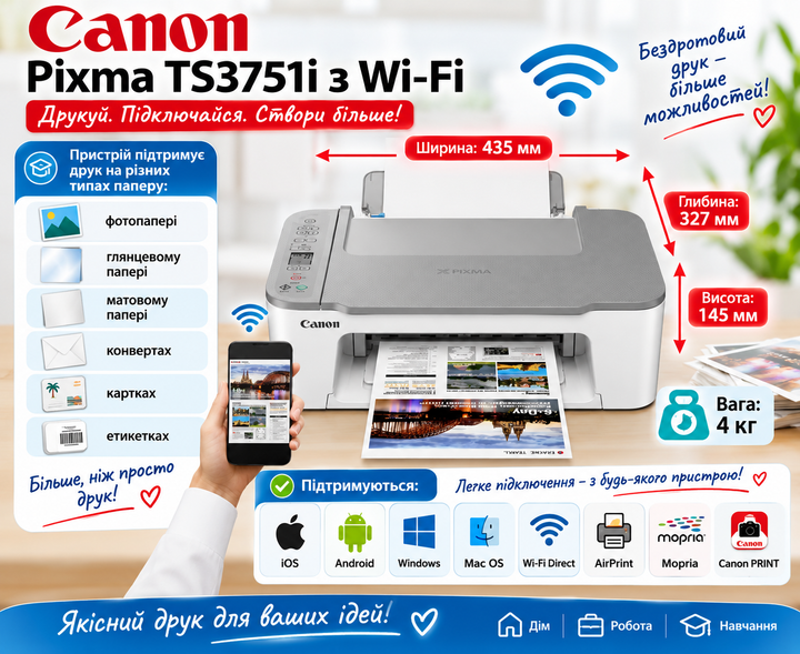 Принтер Wi-Fi кольоровий CANON Pixma TS3751і 3 в 1 МФУ бездротовий друк - зображення 2