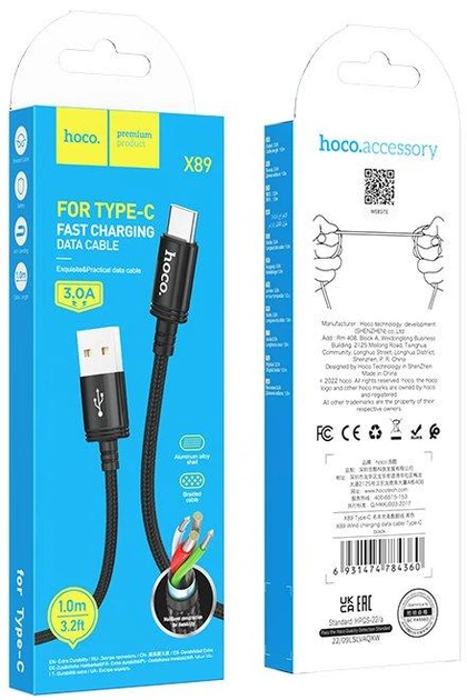 USB Кабель Hoco X89 Wind USB-A to Type-C 3A 1m Black - Фото 4 USB Кабель Hoco X89 Wind USB-A to Type-C 3A 1m Black - изображение 4