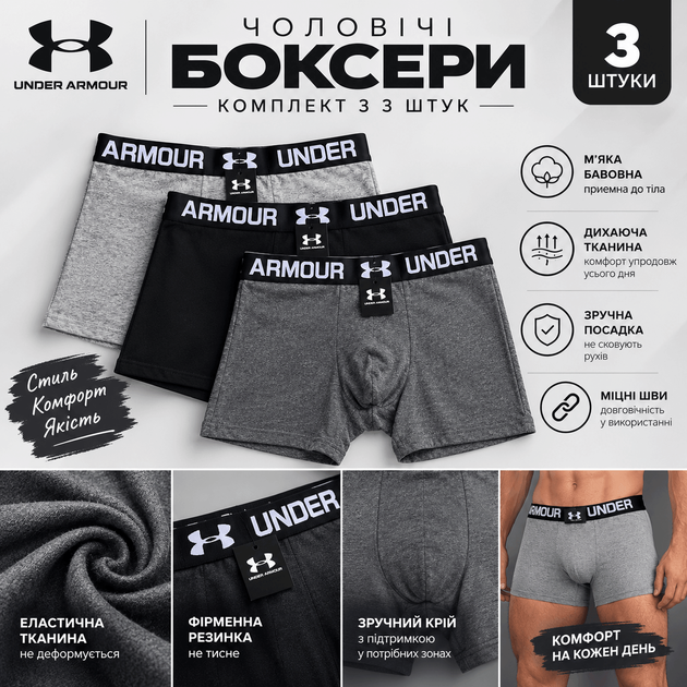 Трусы мужские Under Armour хлопковые боксеры набор 3 шт M Black-Grey-Dark Grey - Фото 4 Трусы мужские Under Armour хлопковые боксеры набор 3 шт M Black-Grey-Dark Grey - изображение 4