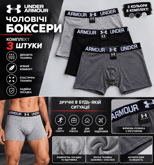 Трусы мужские Under Armour хлопковые боксеры набор 3 шт M Black-Grey-Dark Grey - Фото 6 Трусы мужские Under Armour хлопковые боксеры набор 3 шт M Black-Grey-Dark Grey - изображение 6