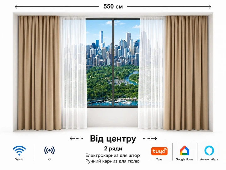 Електрокарниз для штор LIVOLO 550 см, Wi-Fi Tuya Smart, з пультом ДК + ручний карниз для тюлю - Фото 1 Електрокарниз для штор LIVOLO 550 см, Wi-Fi Tuya Smart, з пультом ДК + ручний карниз для тюлю - зображення 1